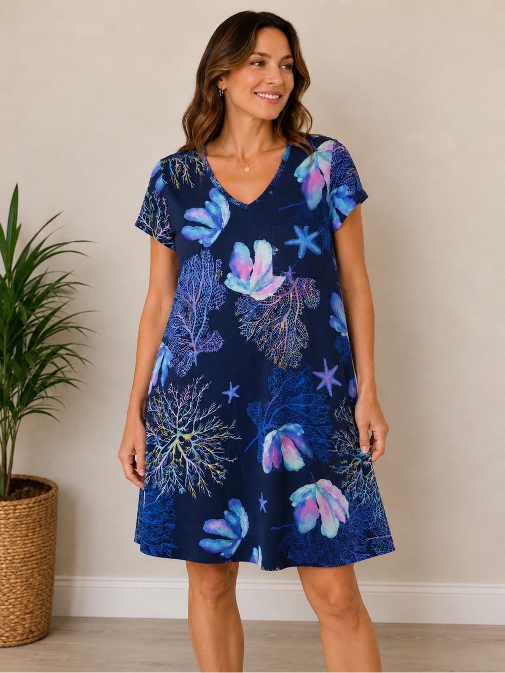 Soma Navy V-Neck Floral & Coral Print Short Sleeve Sleep Dress